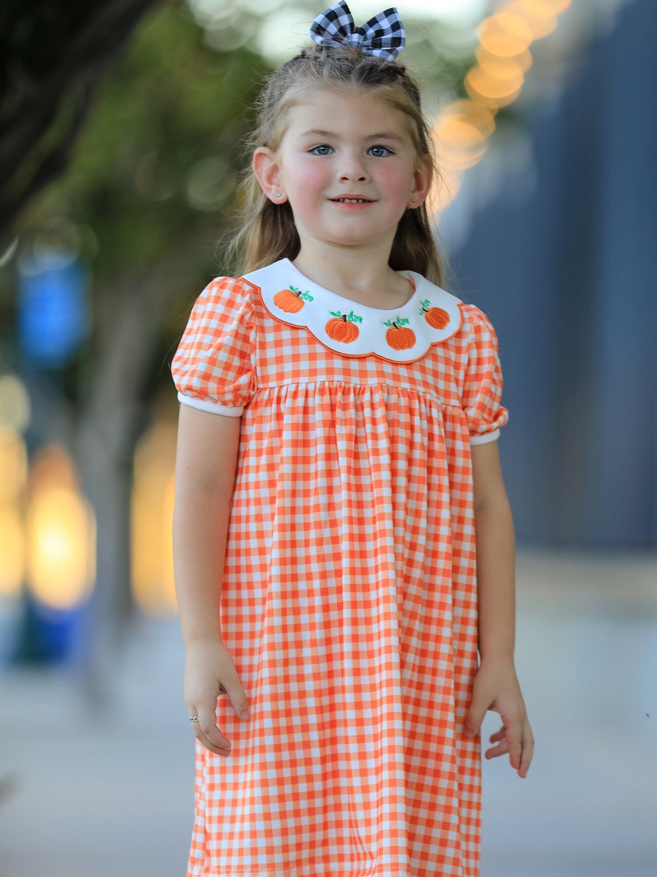 Fall Pumpkin Embroidered Puff Sleeve Girls Dress