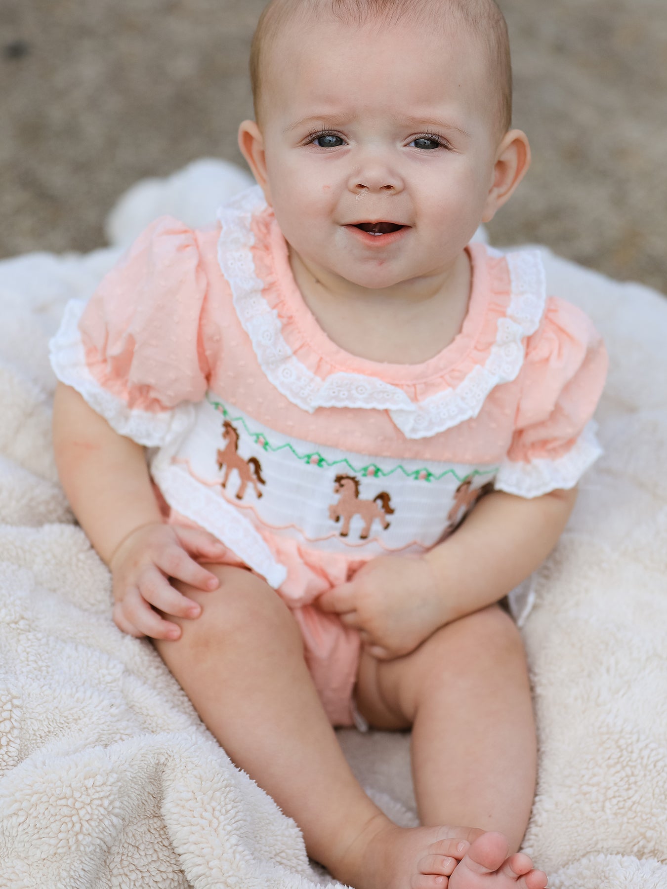 Western Horse Embroidery Girls Romper Lace Petals Collar Puff Sleeve