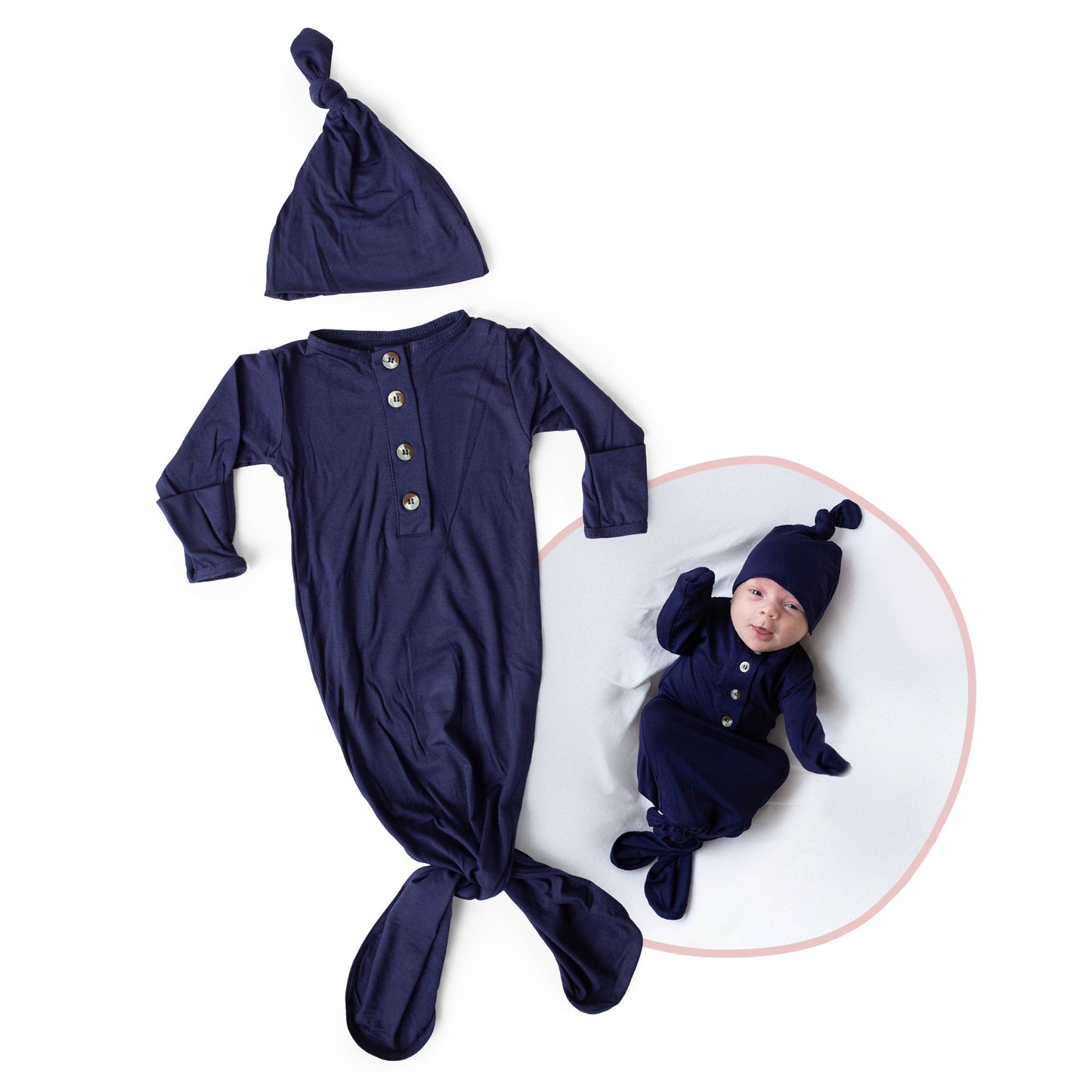 Newborn Knotted Gown and Hat Set Navy Blue
