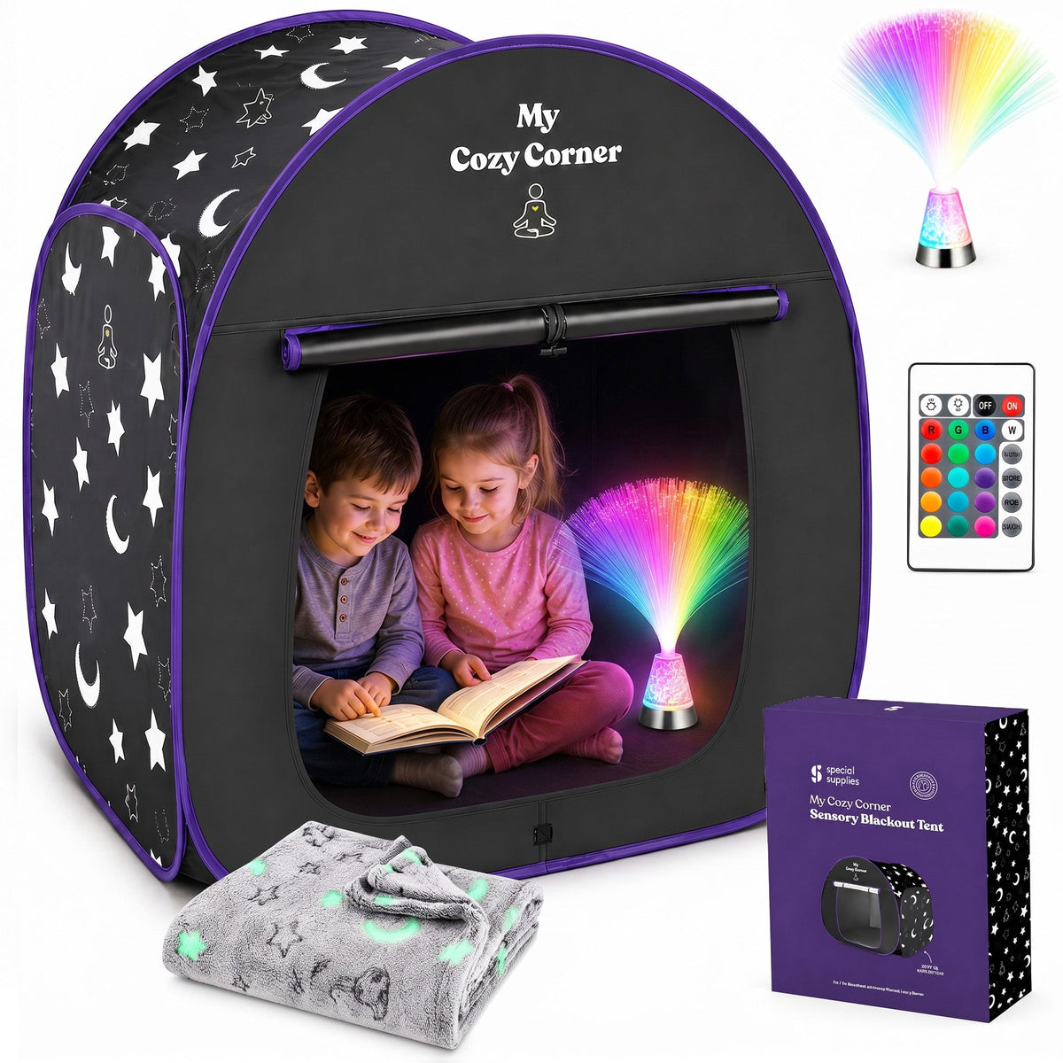 Blackout Sensory Tent for Kids, Pop Up Calming Play Room with Fiber Optic Lamp and Glow-in-The-Dark Fuzzy Blanket