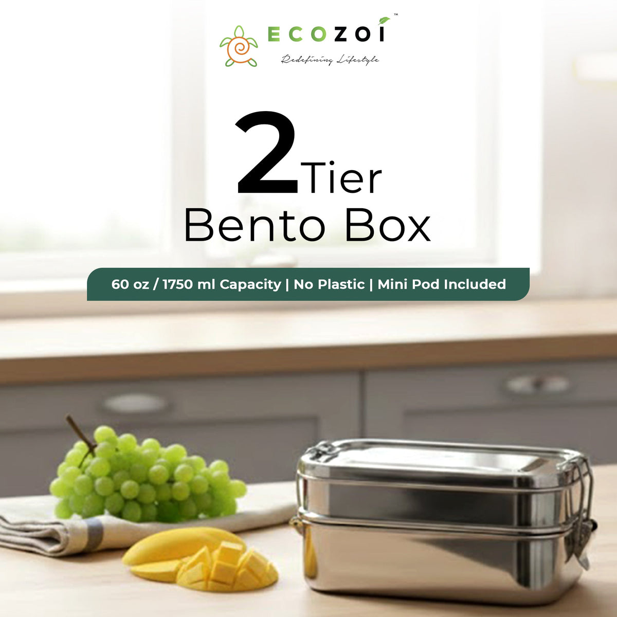 Ecozoi Stainless Steel Bento Lunch Box for Kids and Adults, 3 Compartment, Solid Print, 2 Tier Leak Proof, 60 oz