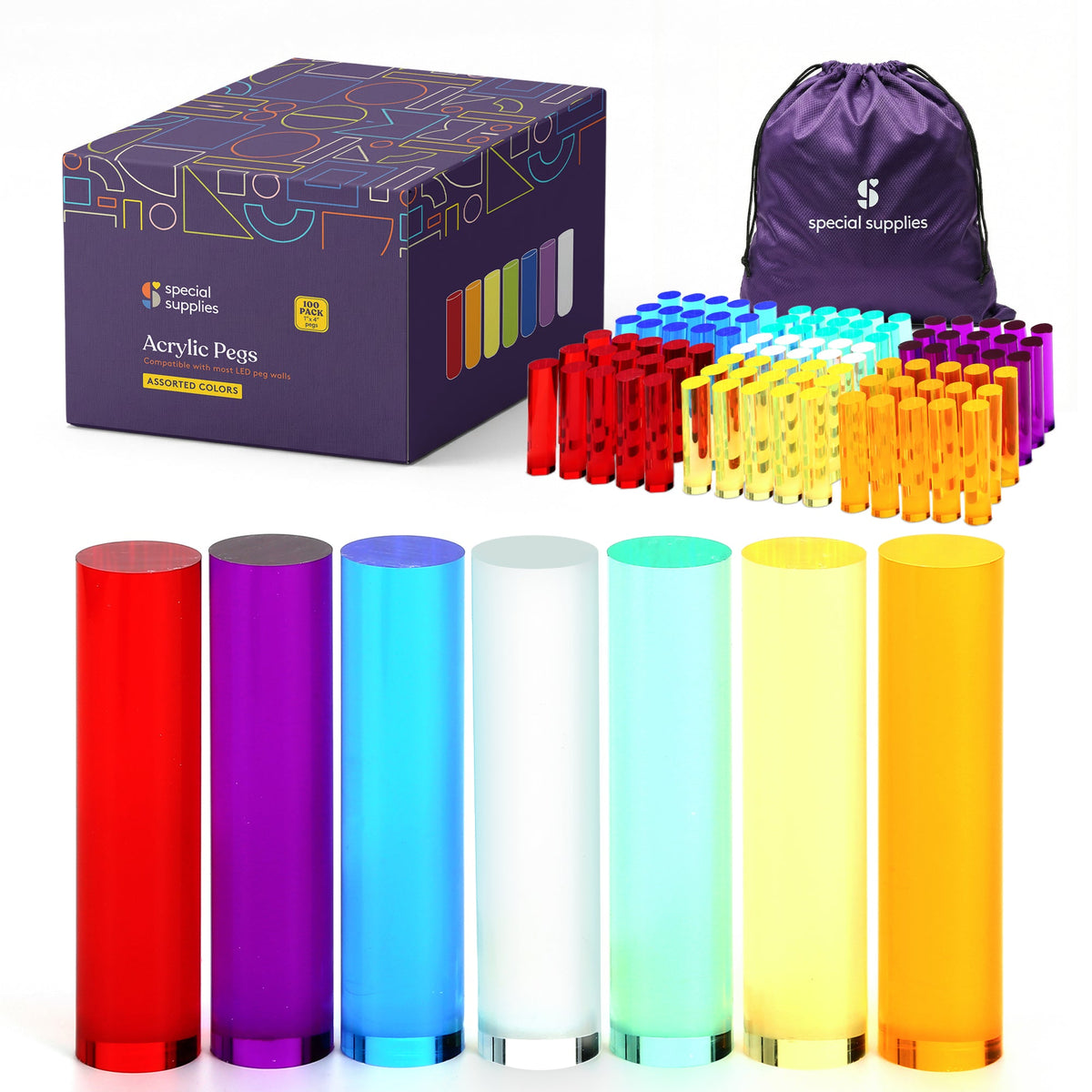 Special Supplies Set of LED Light Peg Board Replacement Pieces for Kids LED Peg Wall, Colorful Illuminated Pegs for Creative Play and STEM Learning- 1” x 4”