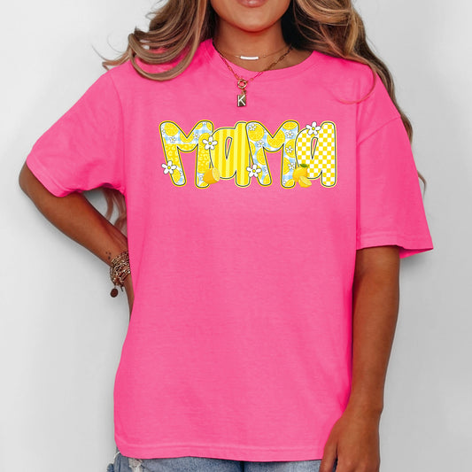 Mama, Yellow Checkered, Flowers, Retro, Comfort Colors T-Shirt