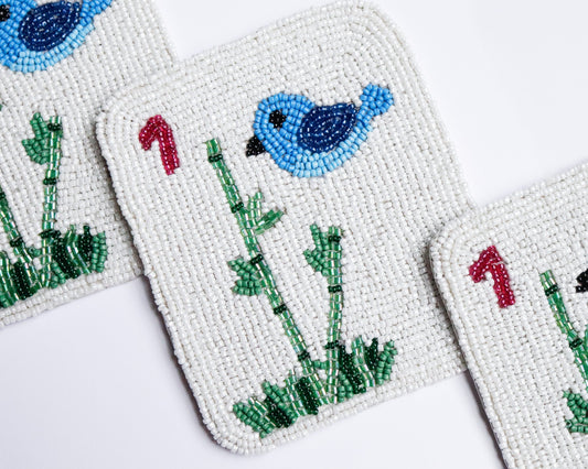 Hand Beaded Bird Bam Mahjong Tile Coasters