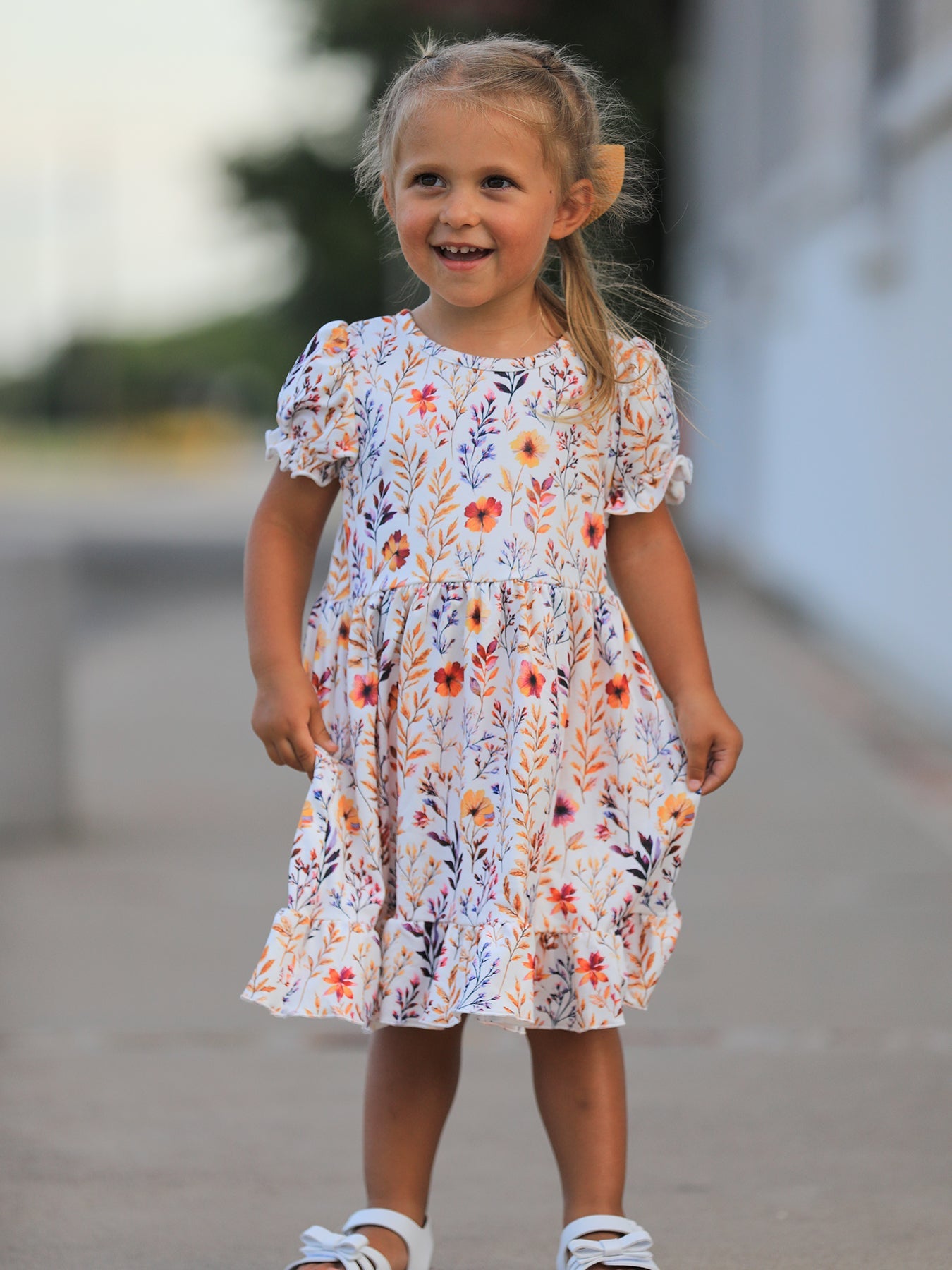 Fall Floral Puff Sleeve Ruffle Girls Dress - preorder