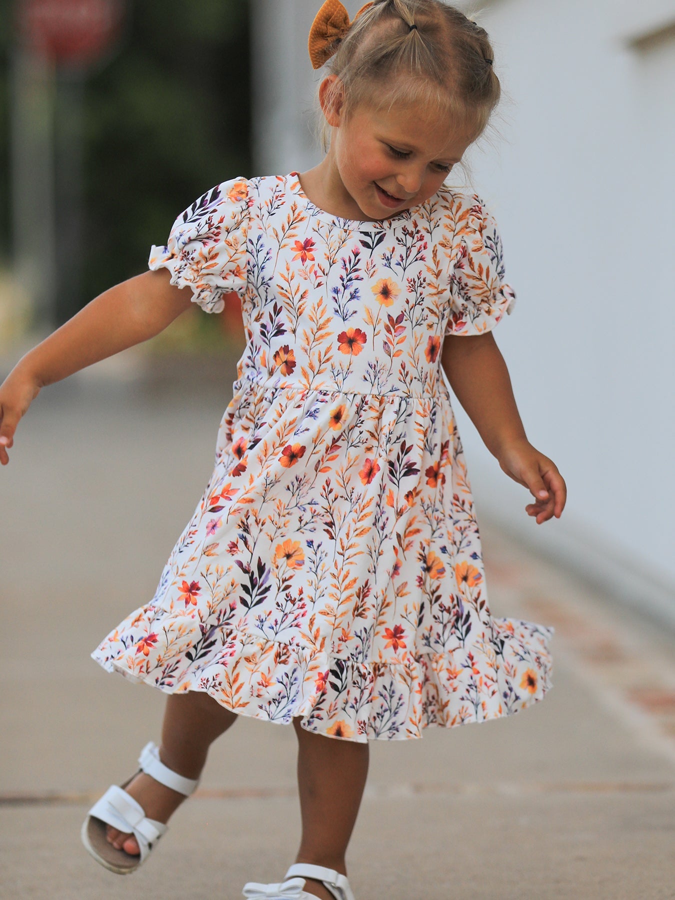 Fall Floral Puff Sleeve Ruffle Girls Dress - preorder