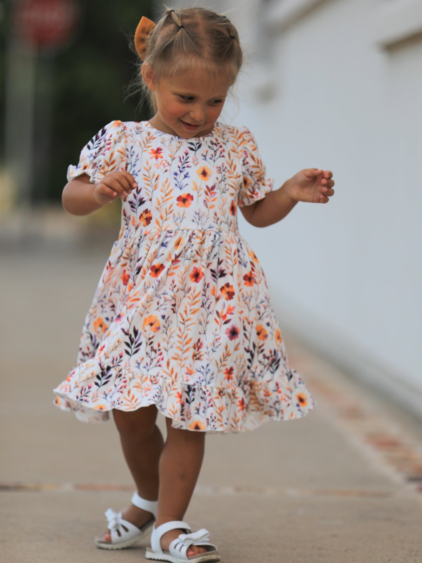 Fall Floral Puff Sleeve Ruffle Girls Dress - preorder
