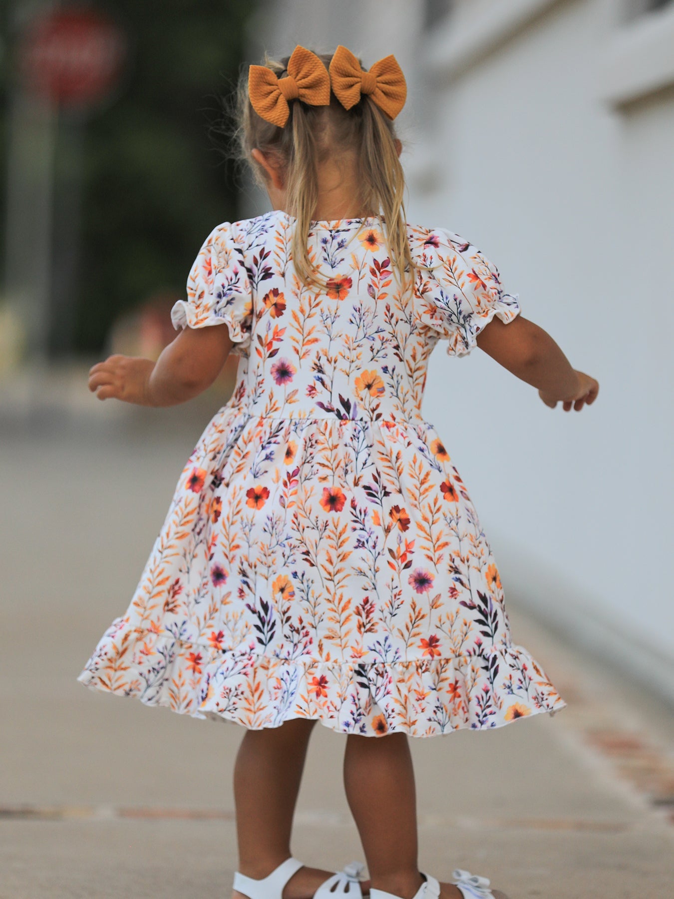 Fall Floral Puff Sleeve Ruffle Girls Dress - preorder