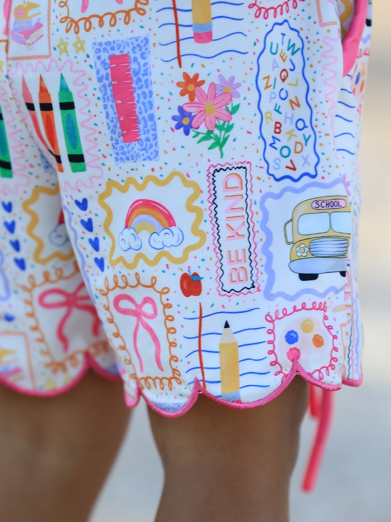 Back to School Print Girl Short Set Scallop Hem
