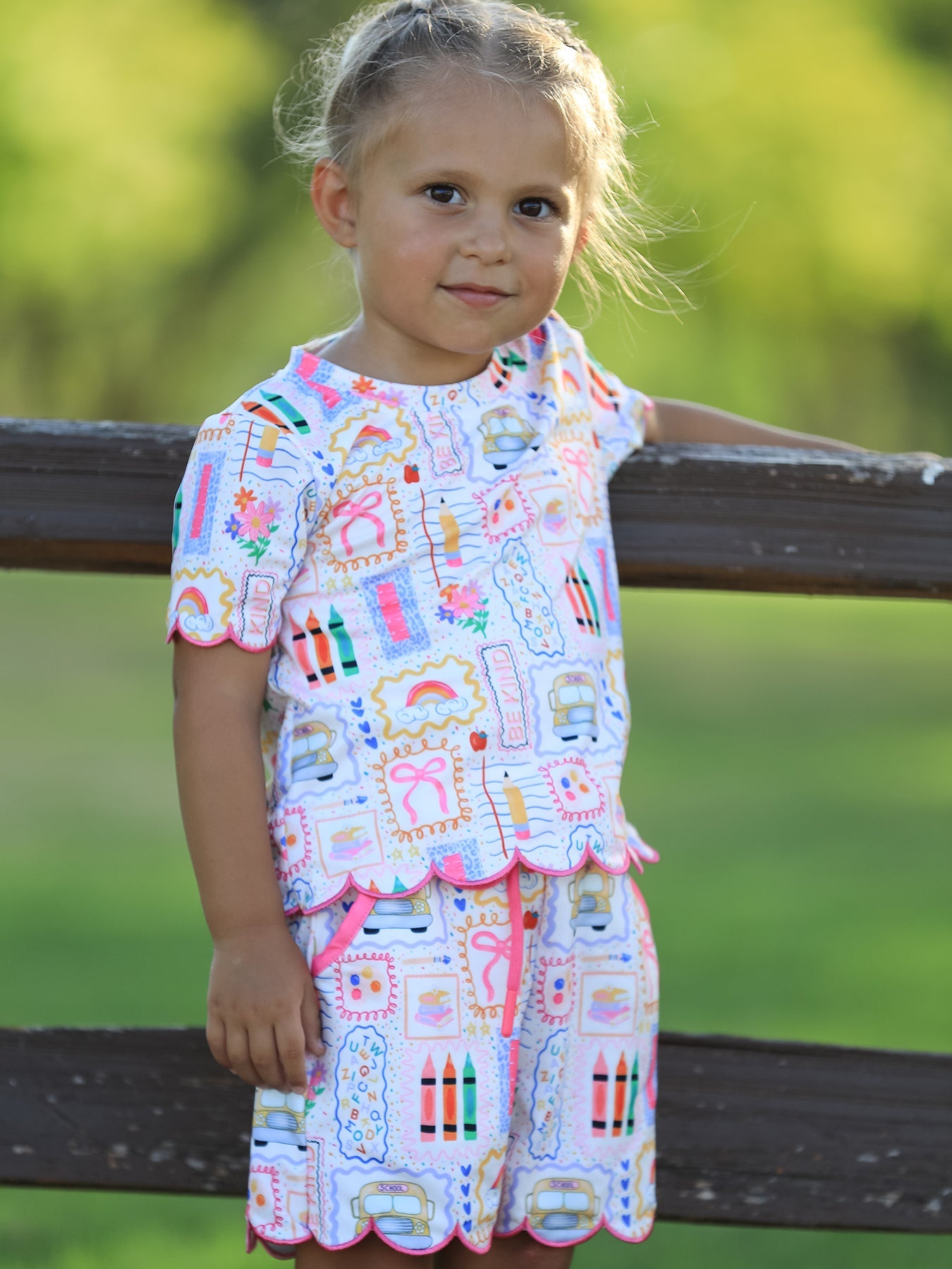 Back to School Print Girl Short Set Scallop Hem