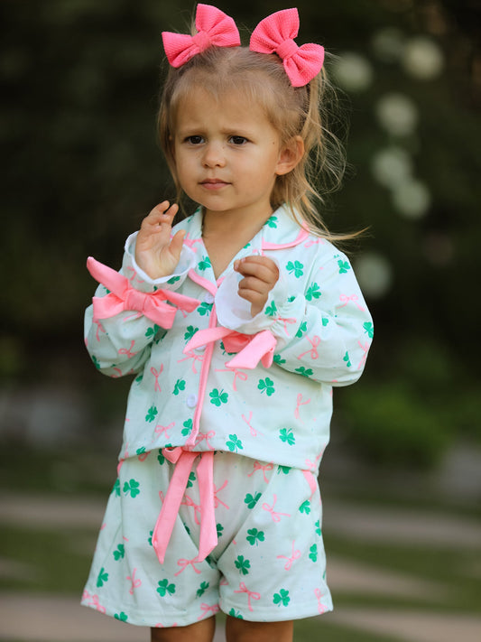St. Patrick's Day Bow Shamrock Print Ruffles Girls Pajama Set