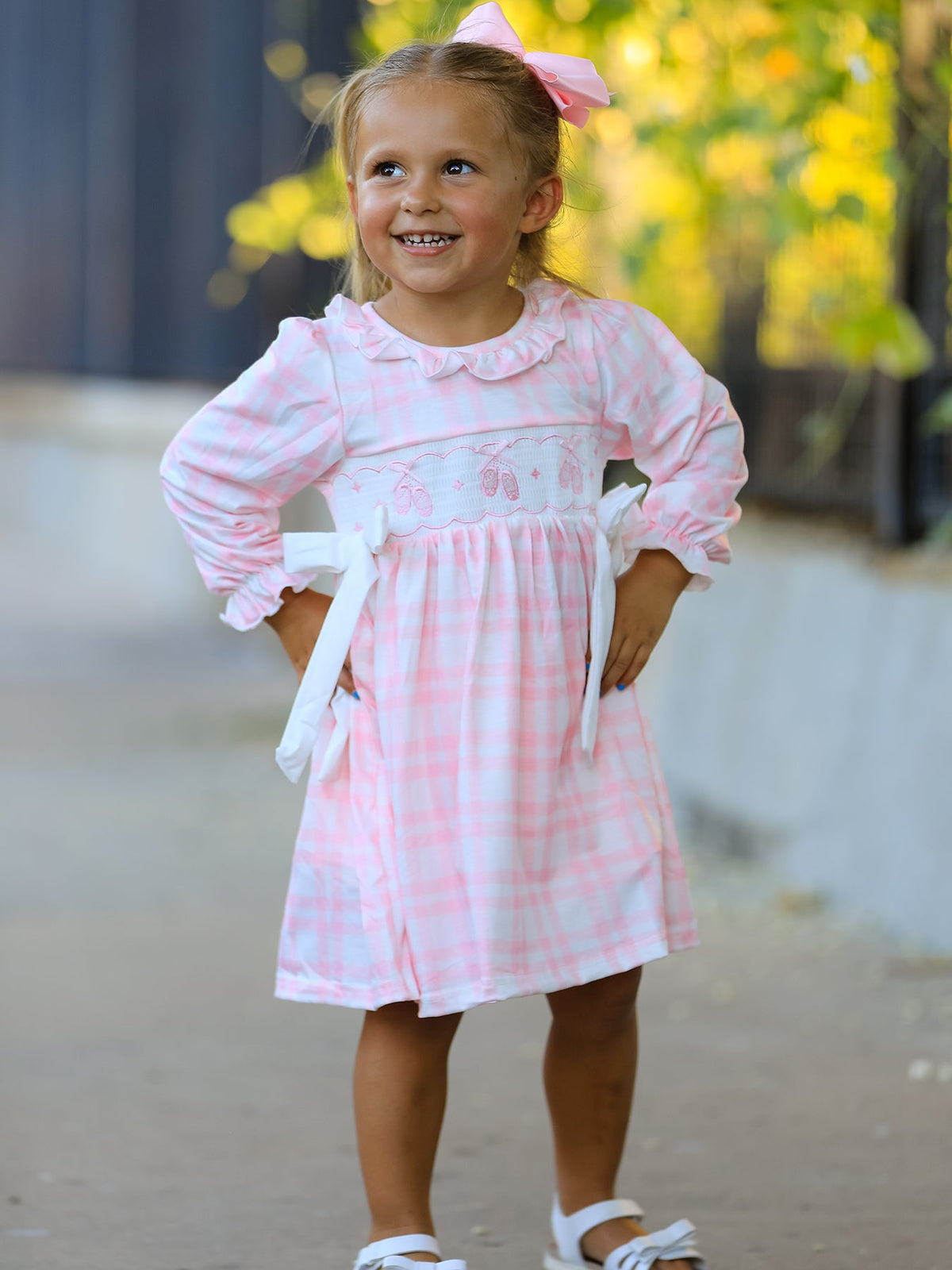 Pink Plaid Ruffle Ballet Shoe Embroidery Long Sleeve Dress