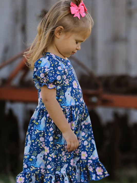 Teal Bunny Garden Ruffle Sleeve Girls Dress