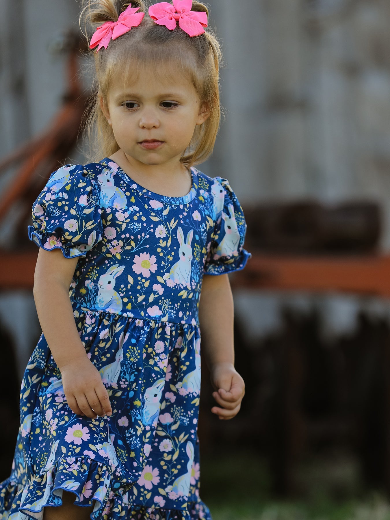 Teal Bunny Garden Ruffle Sleeve Girls Dress