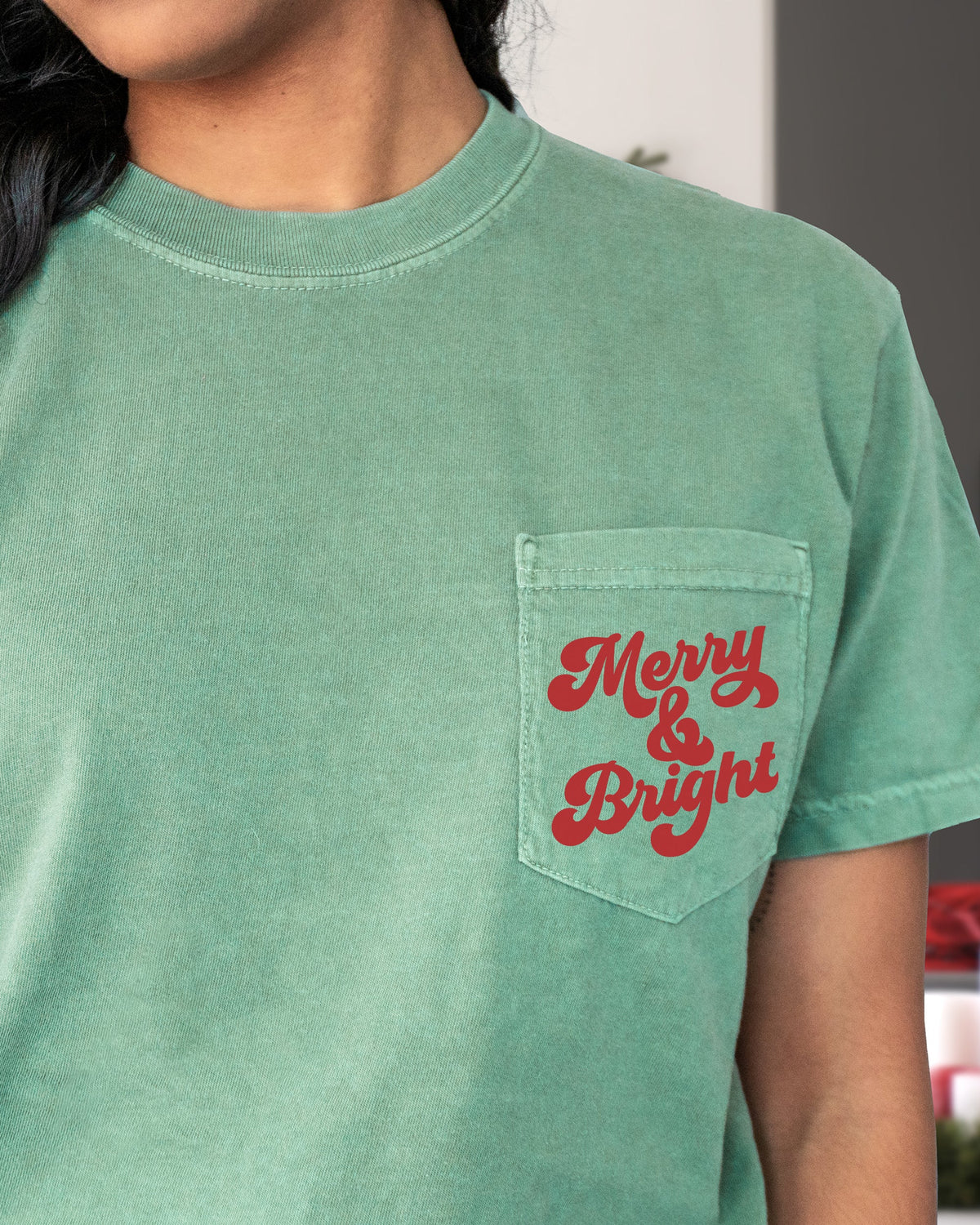 Merry & Bright, Pocket, Christmas, Santa, Winter, Snow, Xmas Pocket Tee Comfort Colors T-Shirt