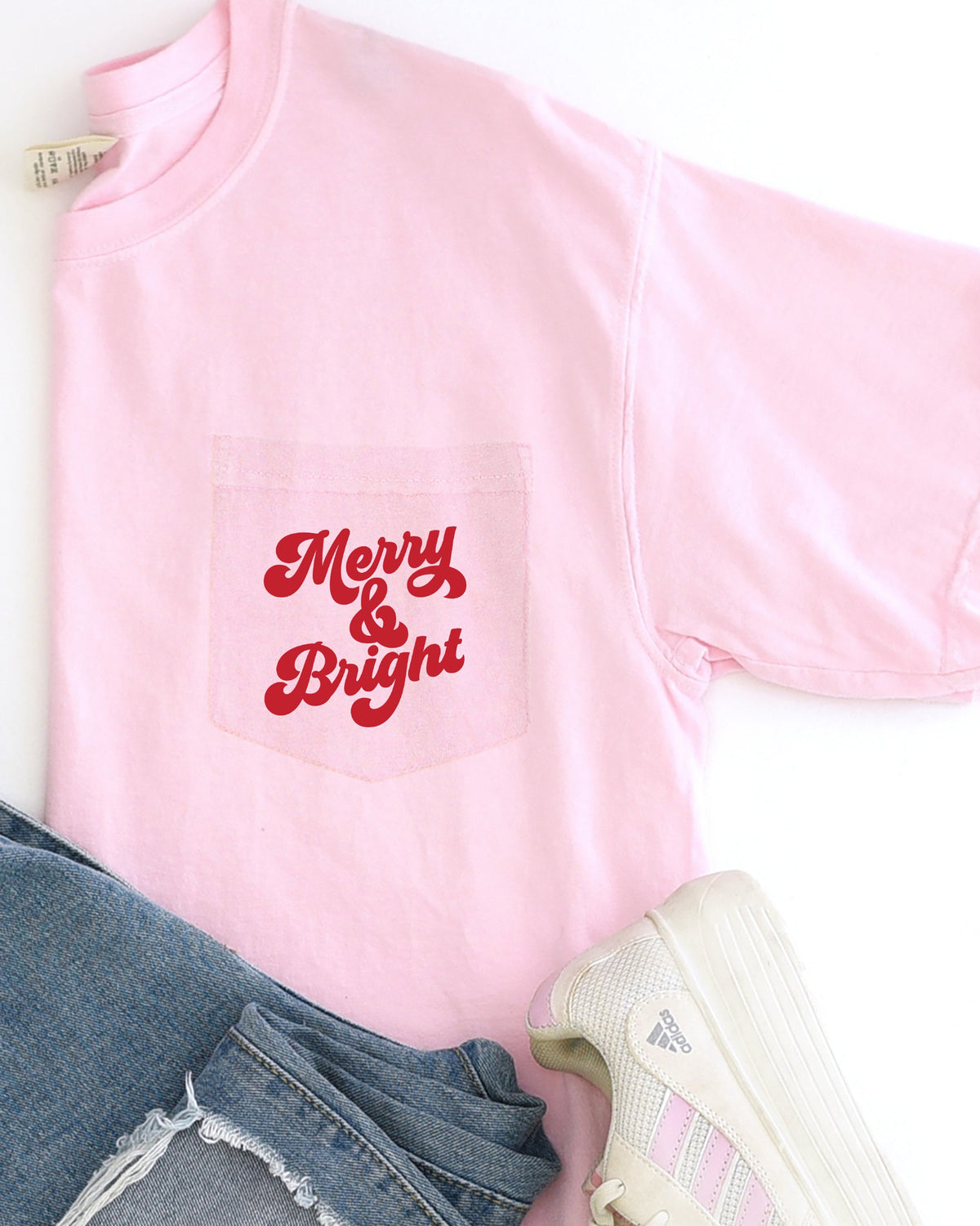 Merry & Bright, Pocket, Christmas, Santa, Winter, Snow, Xmas Pocket Tee Comfort Colors T-Shirt