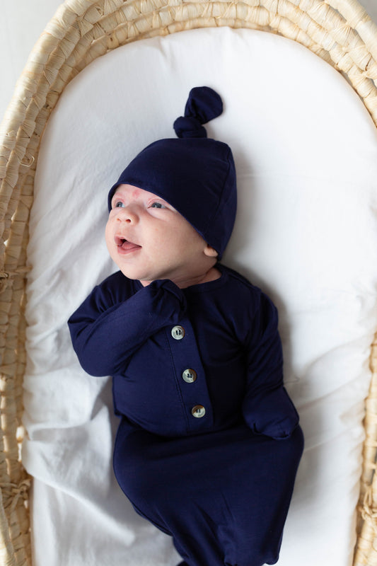 Newborn Knotted Gown and Hat Set Navy Blue