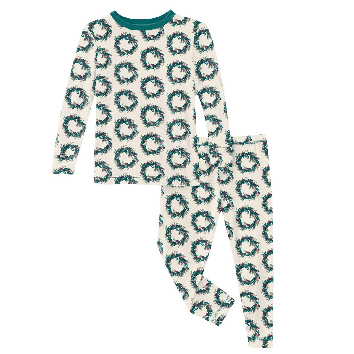 Print Long Sleeve Pajama Set in Natural Holiday Wreath