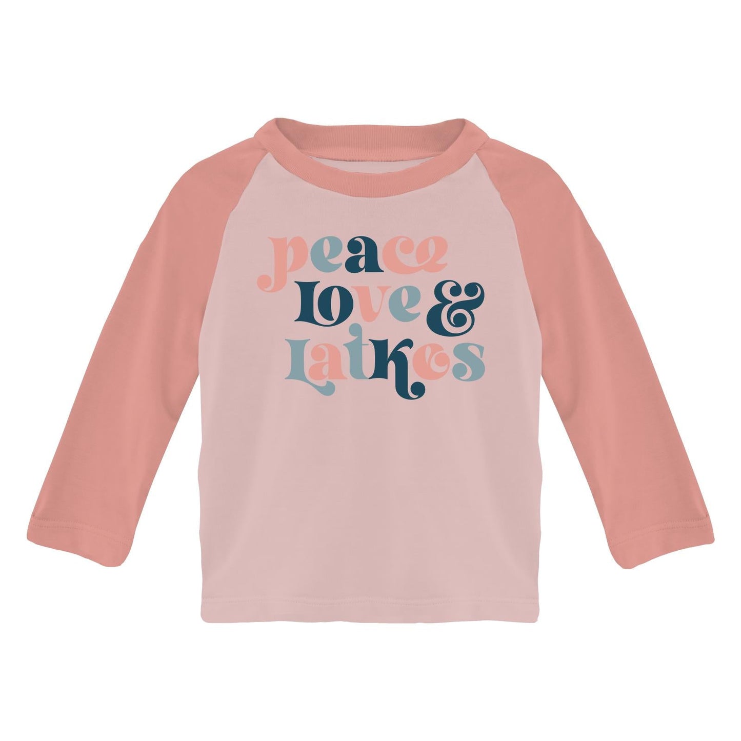 Long Sleeve Crew Neck Graphic Raglan Tee in Baby Rose Peace Love Latkes