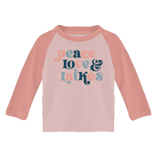 Long Sleeve Crew Neck Graphic Raglan Tee in Baby Rose Peace Love Latkes