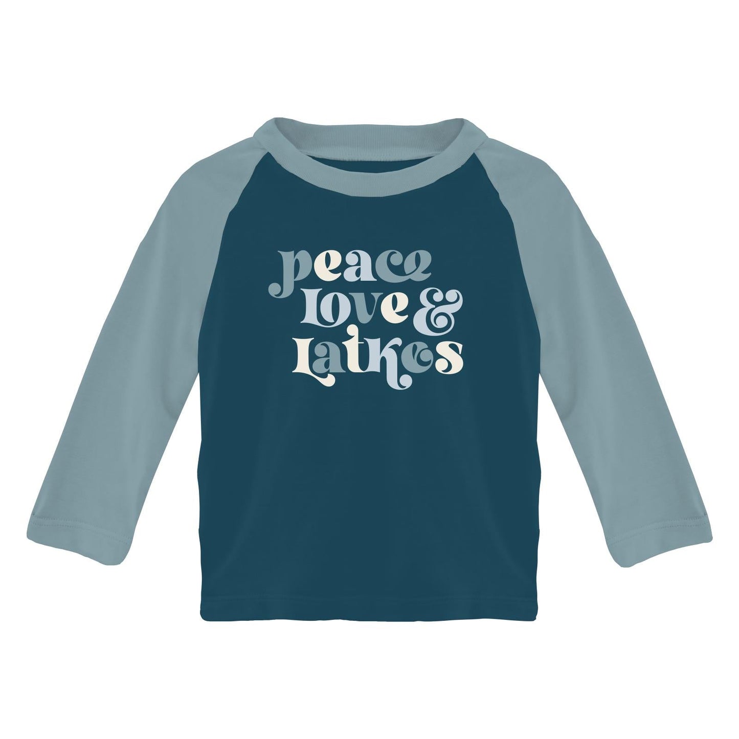 Long Sleeve Crew Neck Graphic Raglan Tee in Peacock Peace Love Latkes