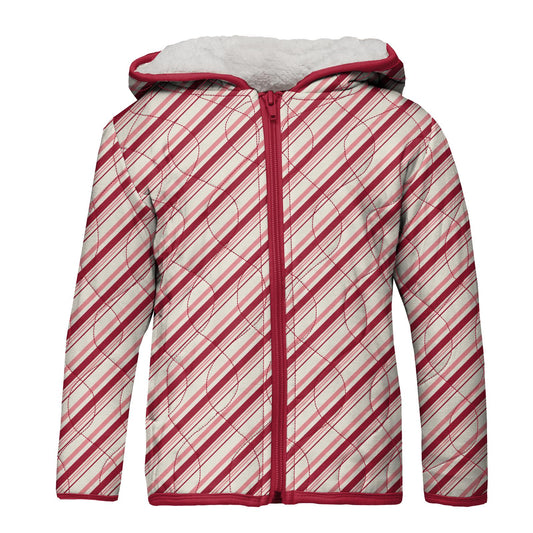 Print Quilted Jacket with Sherpa-Lined Hood in Strawberry Candy Cane Stripe/Christmas Floral