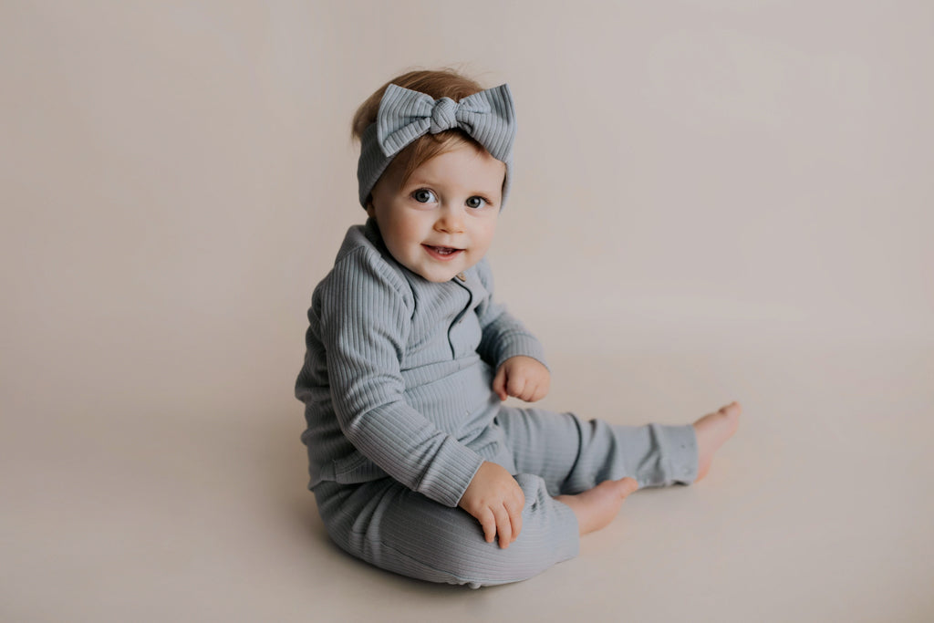 Blissful Blue Baby Ribbed Playsuit with pockets