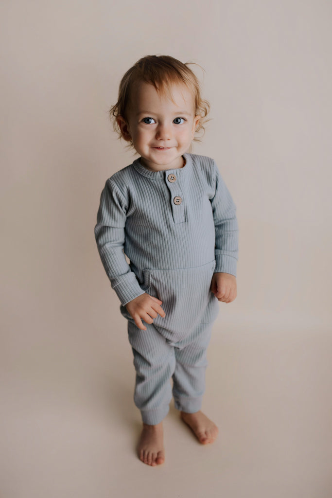 Blissful Blue Baby Ribbed Playsuit with pockets