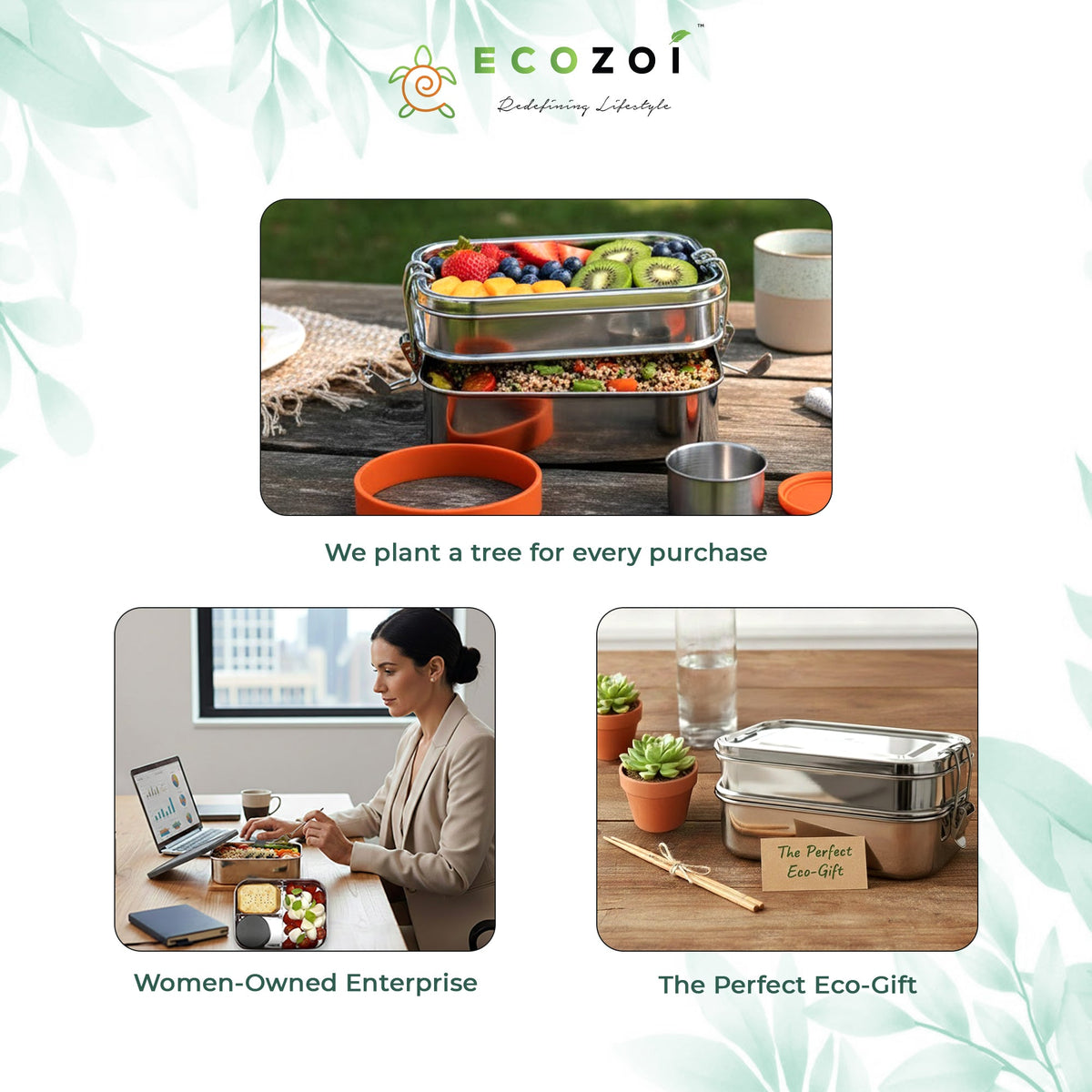 Ecozoi Stainless Steel Bento Lunch Box for Kids and Adults, 3 Compartment, Solid Print, 2 Tier Leak Proof, 60 oz