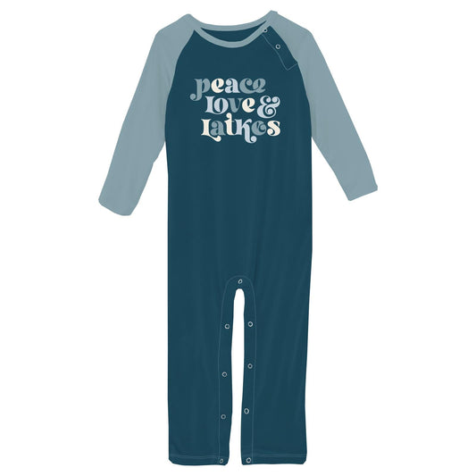 Long Sleeve Graphic Raglan Romper in Peacock Peace Love Latkes