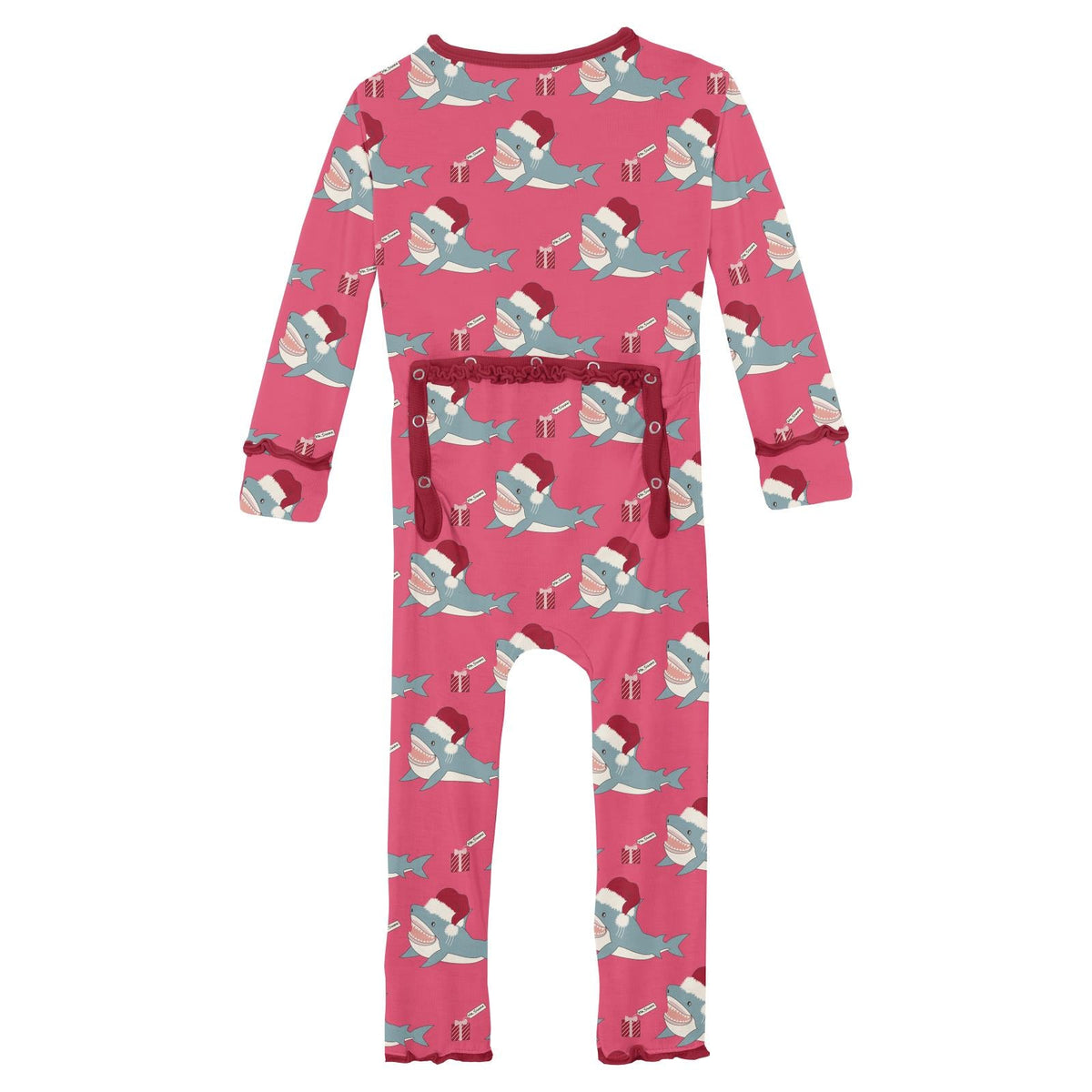 Print Muffin Ruffle Coverall with 2 Way Zipper in Winter Rose Holiday Sharks