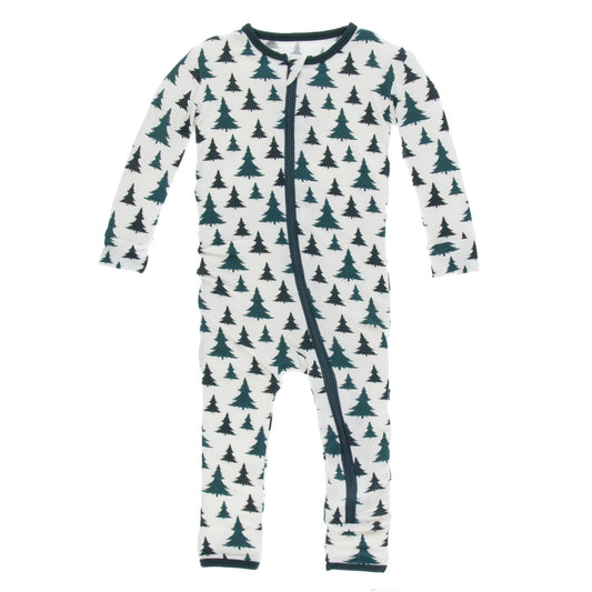 Print Coverall with Zipper in Natural Christmas Trees