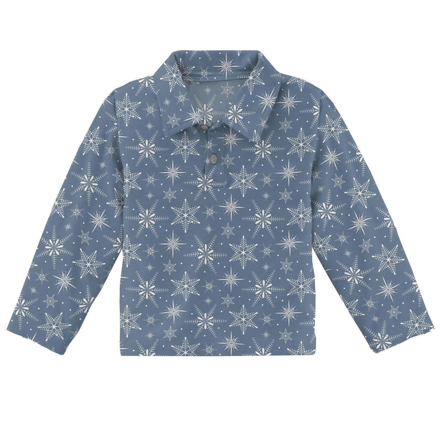 Print Long Sleeve Polo in Parisian Blue Snowflakes