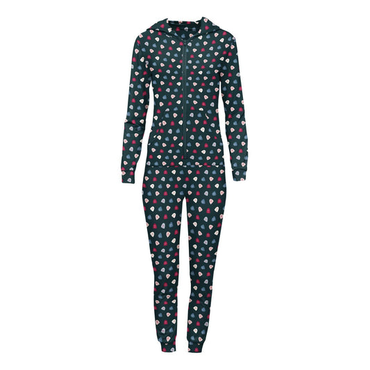 Women's Print Long Sleeve Jumpsuit with Hood in Pine Happy Gumdrops
