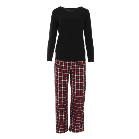 Long Sleeve Relaxed Tee & Pant Set in Crimson Holiday Plaid