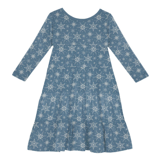Print Long Sleeve Tiered Dress in Parisian Blue Snowflakes