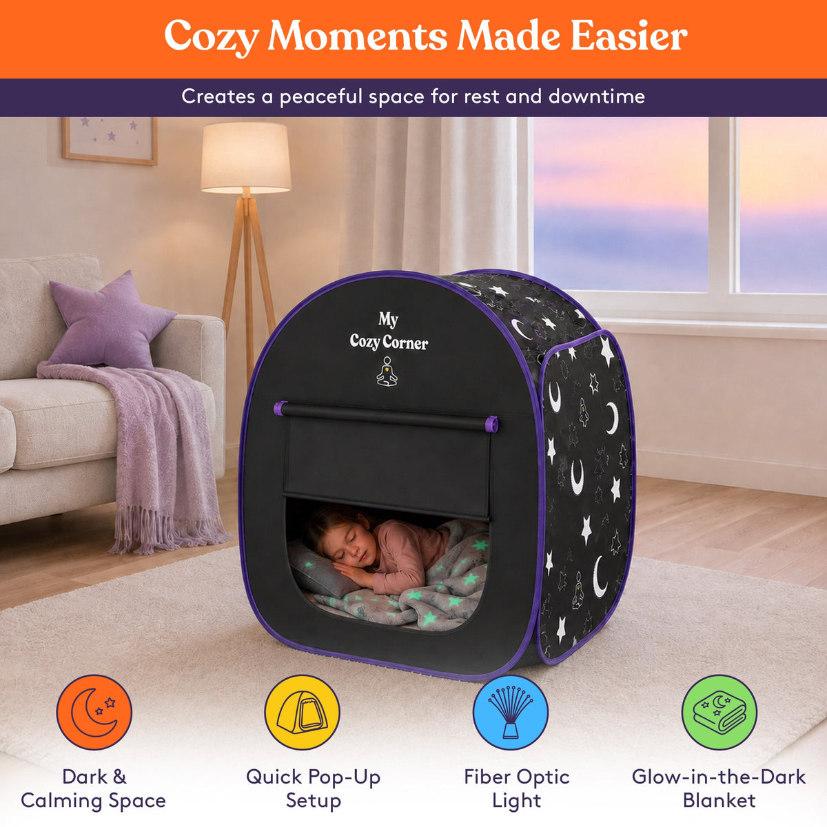Blackout Sensory Tent for Kids, Pop Up Calming Play Room with Fiber Optic Lamp and Glow-in-The-Dark Fuzzy Blanket