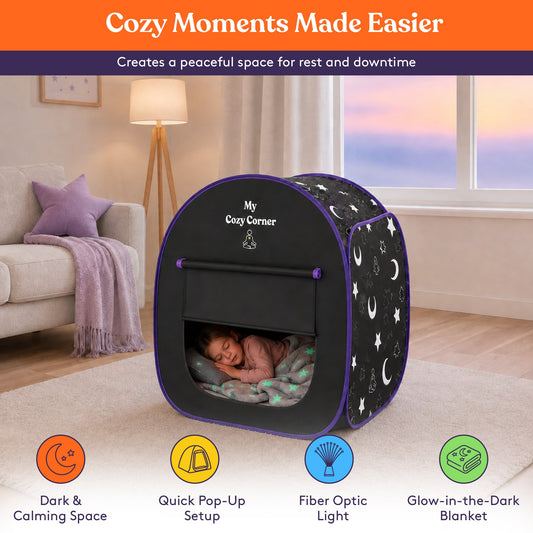 Blackout Sensory Tent for Kids, Pop Up Calming Play Room with Fiber Optic Lamp and Glow-in-The-Dark Fuzzy Blanket