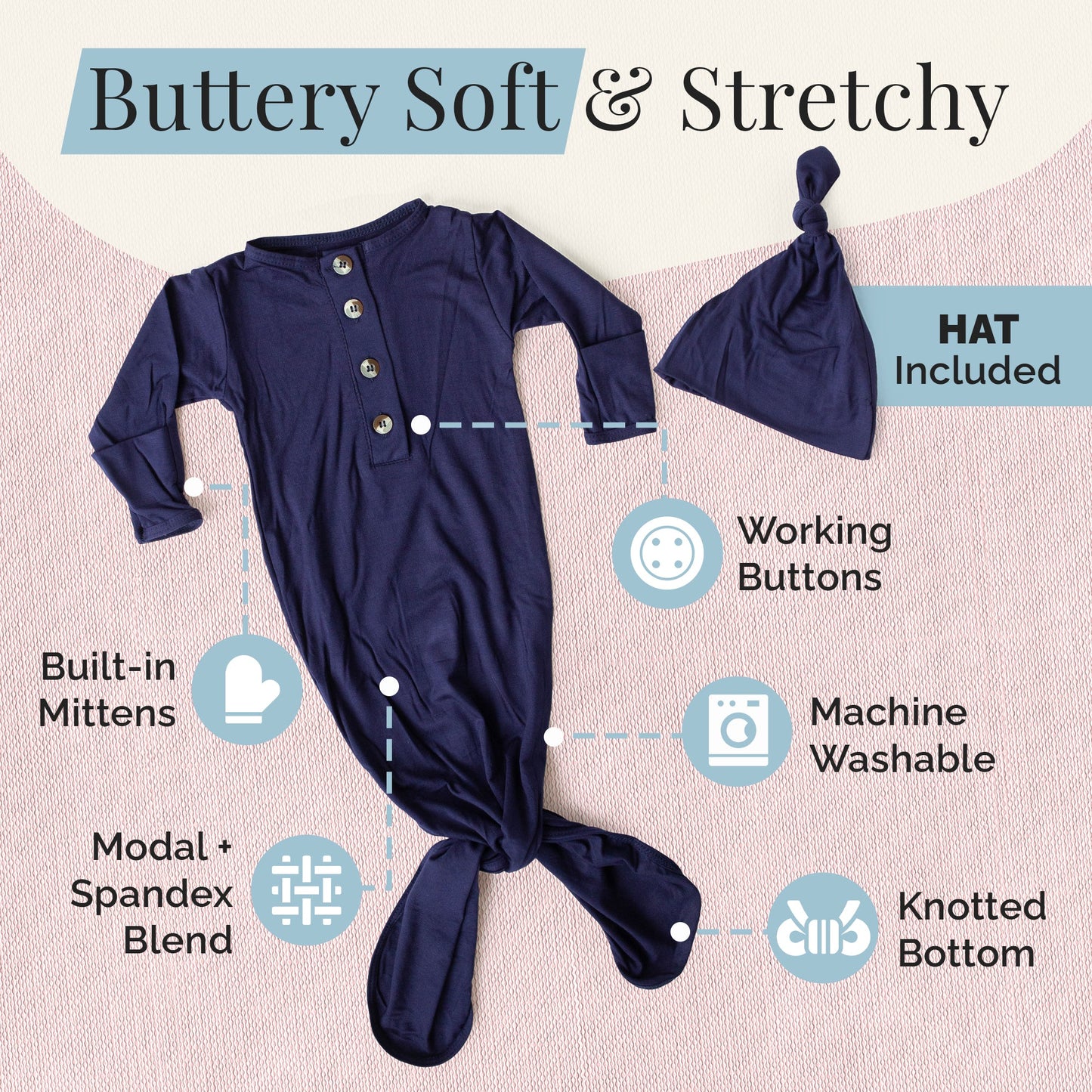 Newborn Knotted Gown and Hat Set Navy Blue