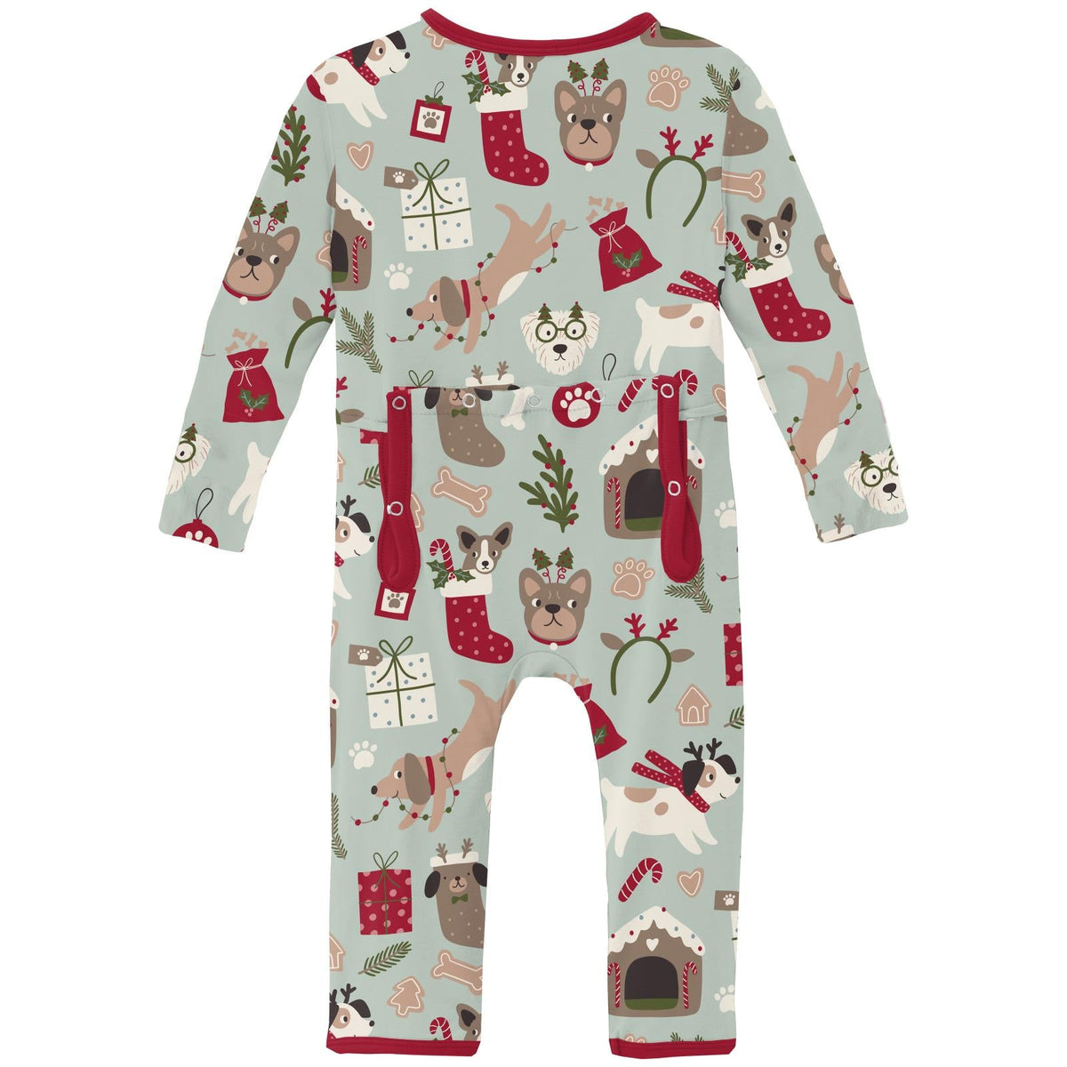 Print Coverall with 2 Way Zipper in Aloe Christmas Dogs