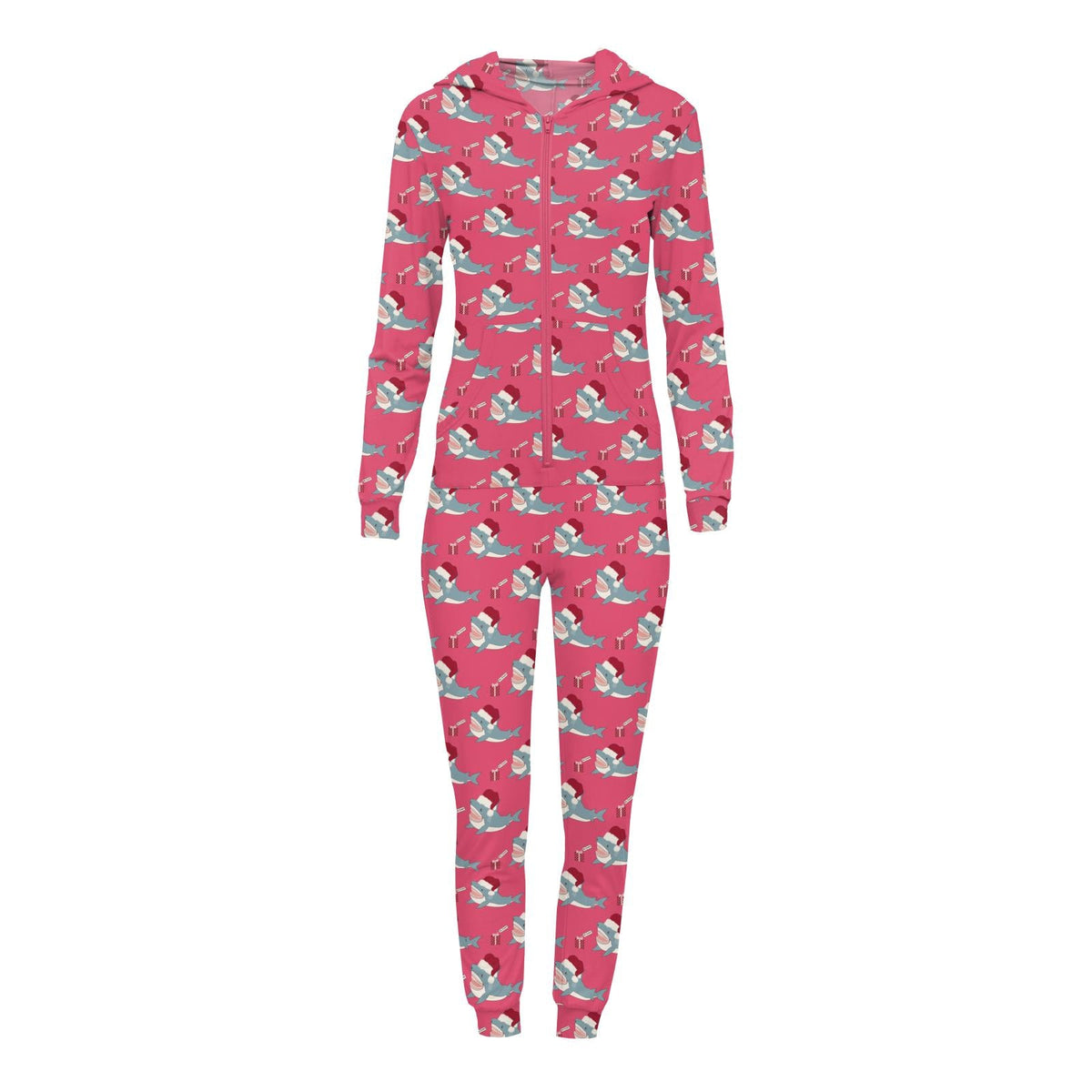 Women's Print Long Sleeve Jumpsuit with Hood in Winter Rose Holiday Sharks