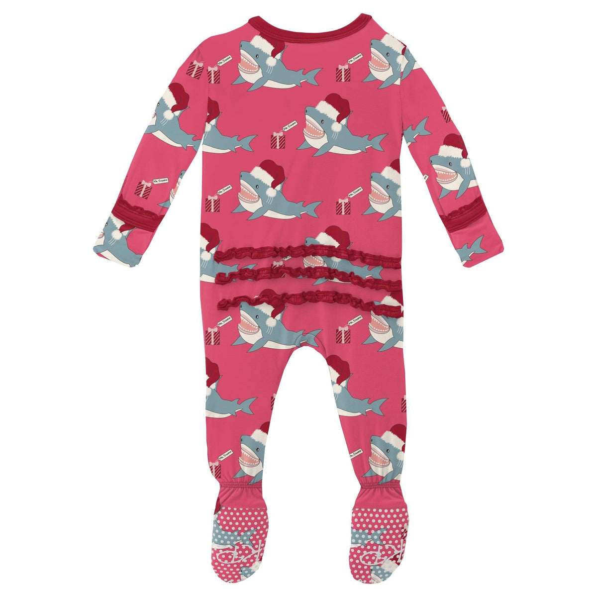 Print Muffin Ruffle Footie with 2 Way Zipper in Winter Rose Holiday Sharks