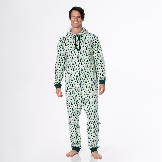 Print Adult Fleece Jumpsuit with Hood in Aloe Trees