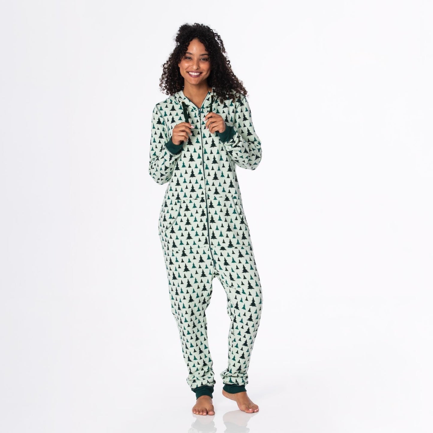 Print Adult Fleece Jumpsuit with Hood in Aloe Trees