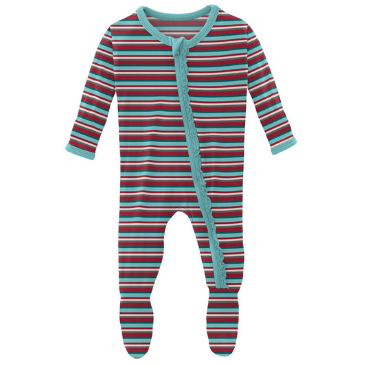 Print Muffin Ruffle Footie with Zipper in Christmas Stripe