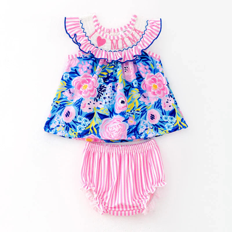 Baby Girls Summer "I LOVE MAMA" Smocking Romper Set