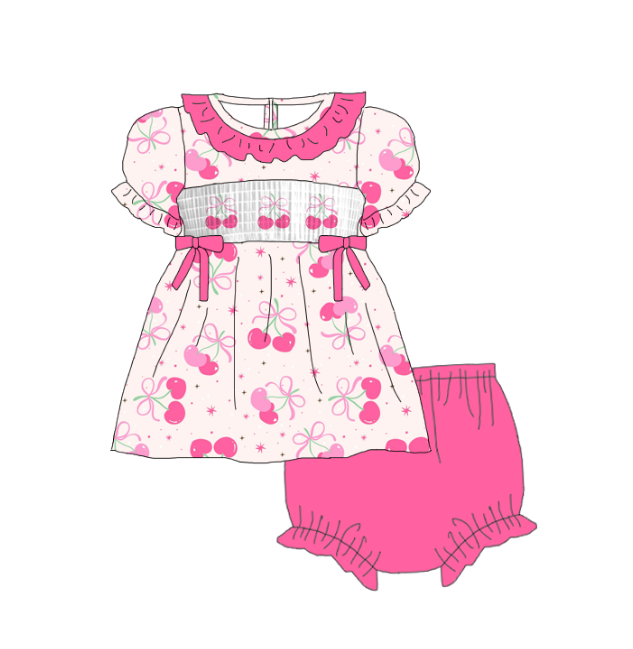 Baby Summer Hot Pink Cherry Smocked Embroidered Romper Set