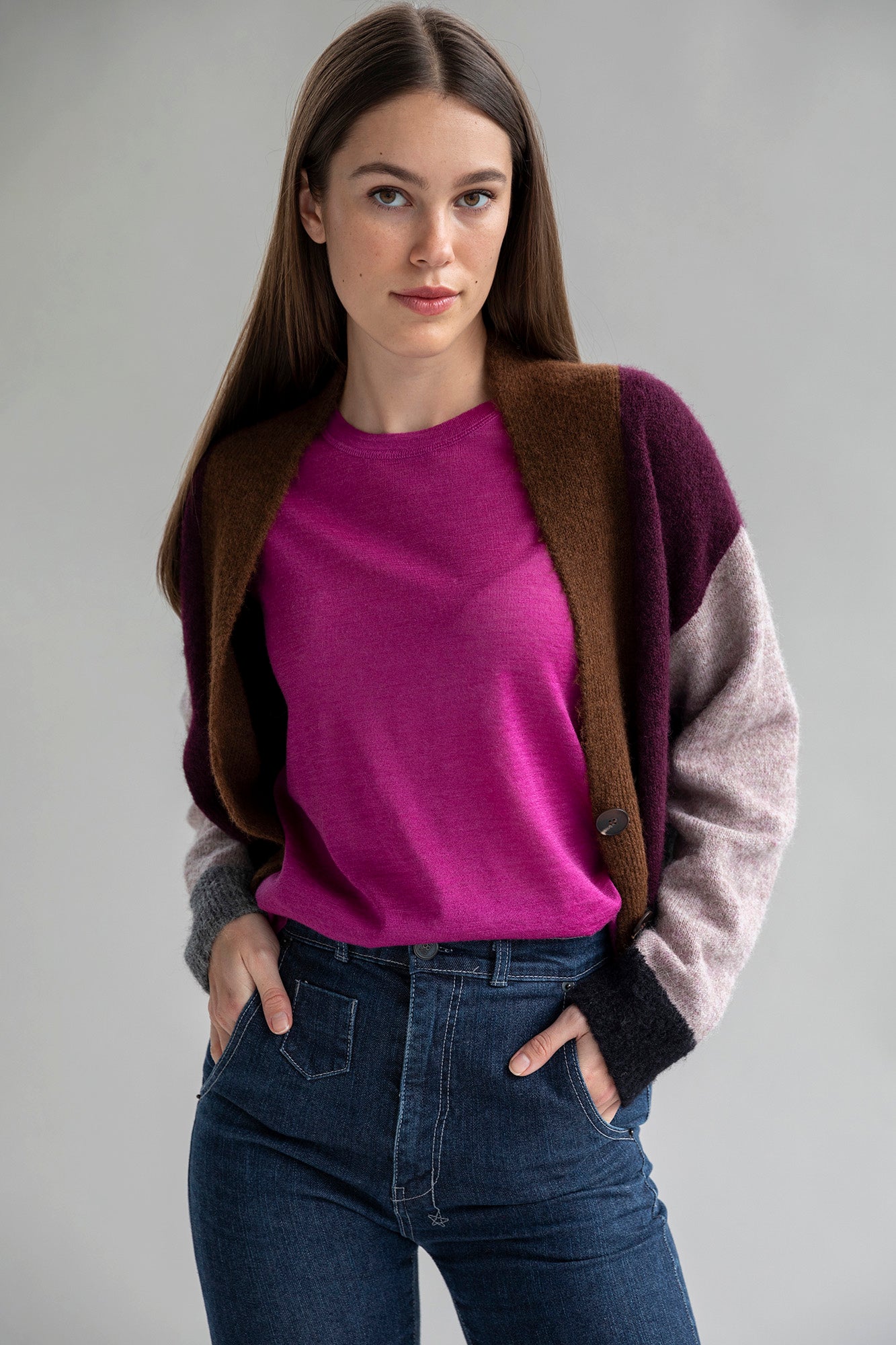 Color Block Cardi - Aubergine Multi
