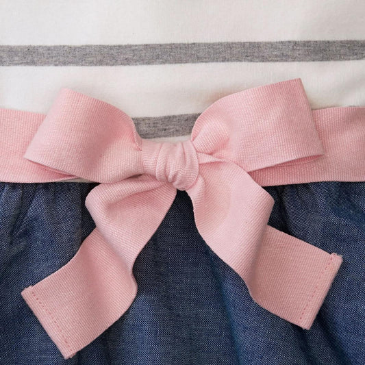 Baby Lightweight Blocked Organic Skater Dress - Gray Stripe with Chambray