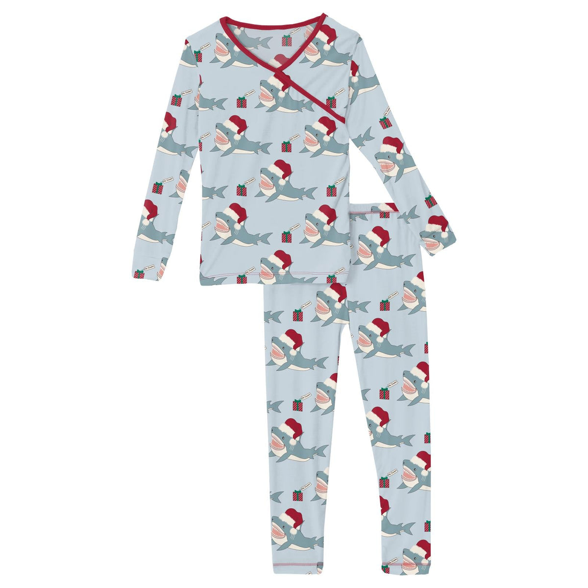 Print Long Sleeve Kimono Pajama Set in Illusion Blue Holiday Sharks